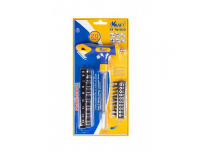 Набор: Т-образная отвертка с насадками-битами и торцевыми головками 20 предметов от KRAFT Набор: Т-образная отвертка с насадками-битами и торцевыми головками 20 предметов